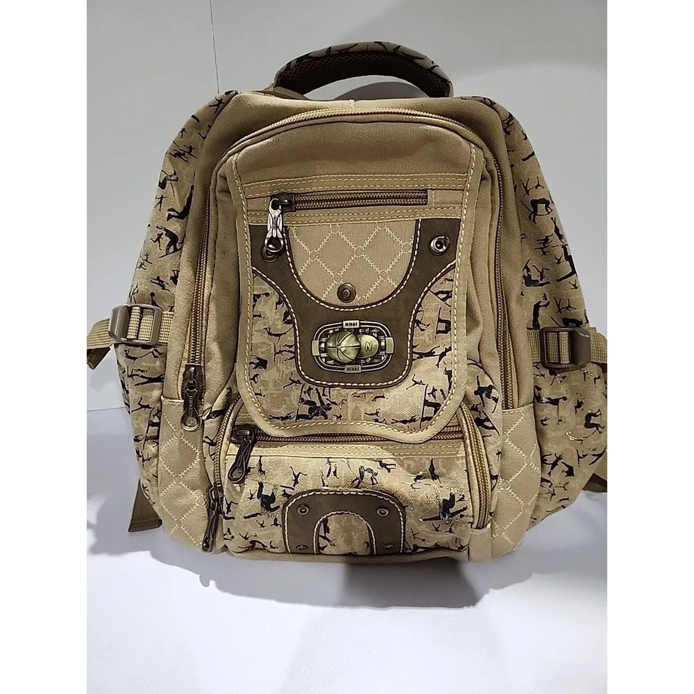 Tan Khaki Canvas Backpack Silhouette Print Multi Pocket Travel Bag